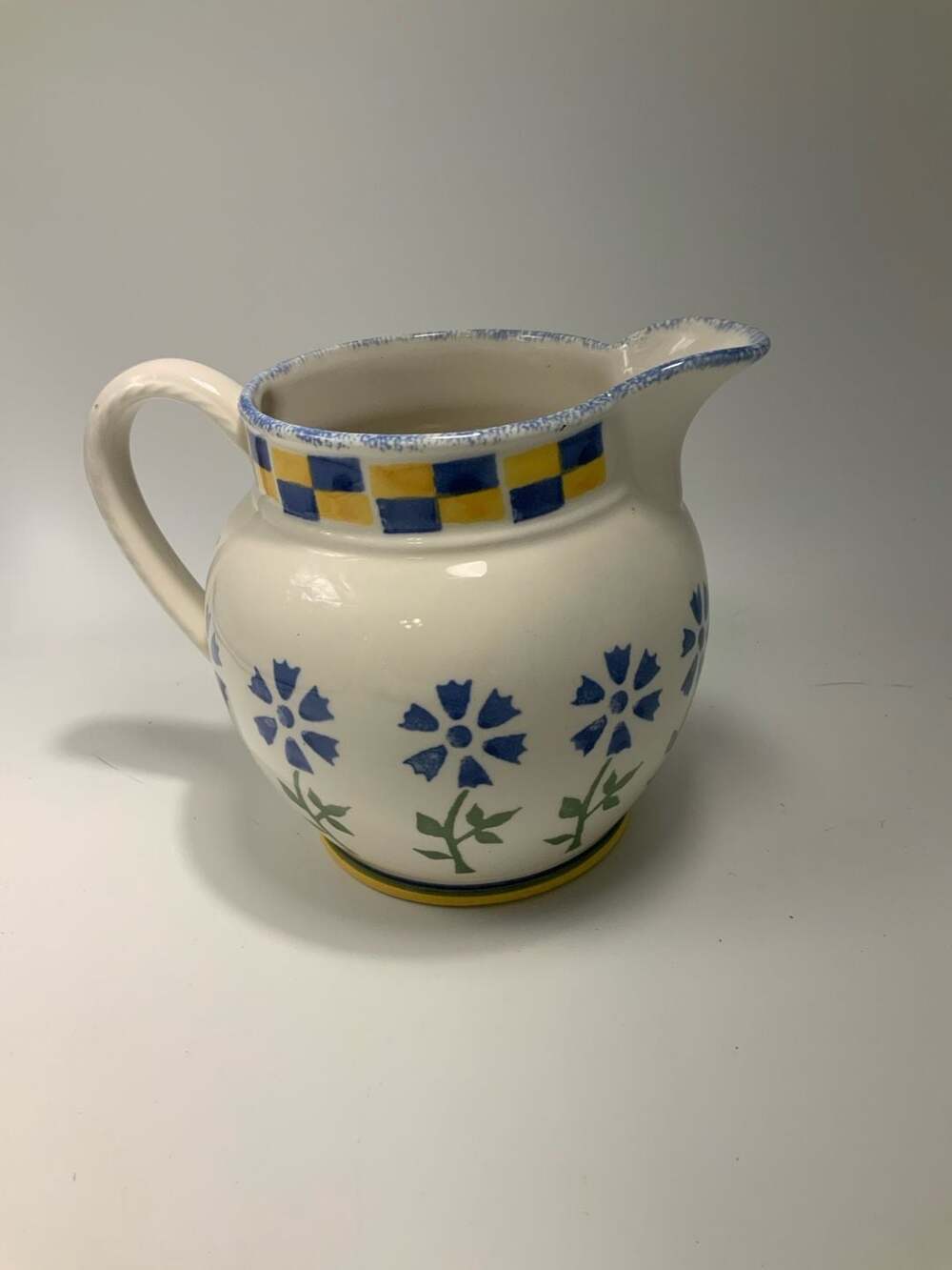 Laura Ashley Pitcher Jug Blue/yellow Check W/ Flowers Hand Decorated In England